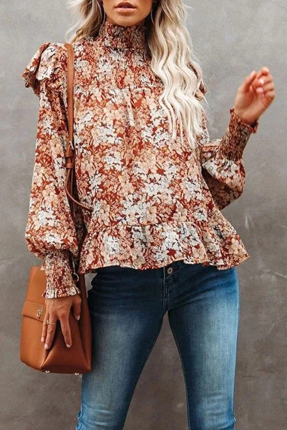 Gold Flame Floral Smocked Sleeve High Neck Ruffled Blouse Tops & Tees JT's Designer Fashion