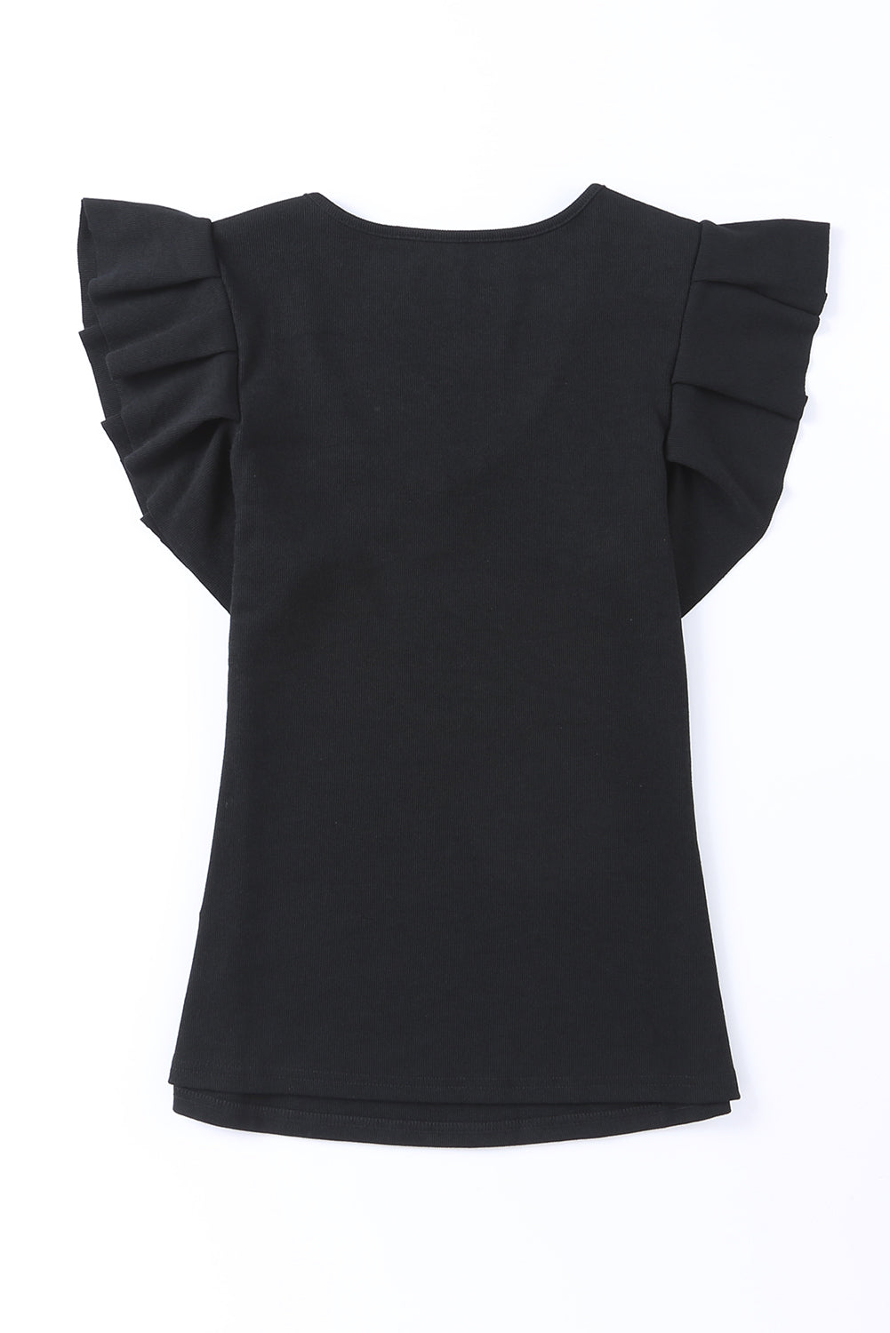 Black Rib Knitted Ruffle Sleeve U Neck Top Tank Tops JT's Designer Fashion