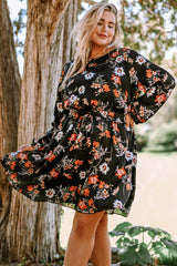 Black Plus Size Drawstring Long Sleeve Floral Dress Black 100%Polyester Plus Size Dresses JT's Designer Fashion