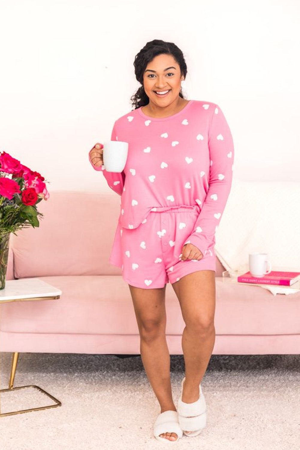 Pink Plus Size Allover Heart Print Long Sleeve Top and Shorts Plus Size JT's Designer Fashion