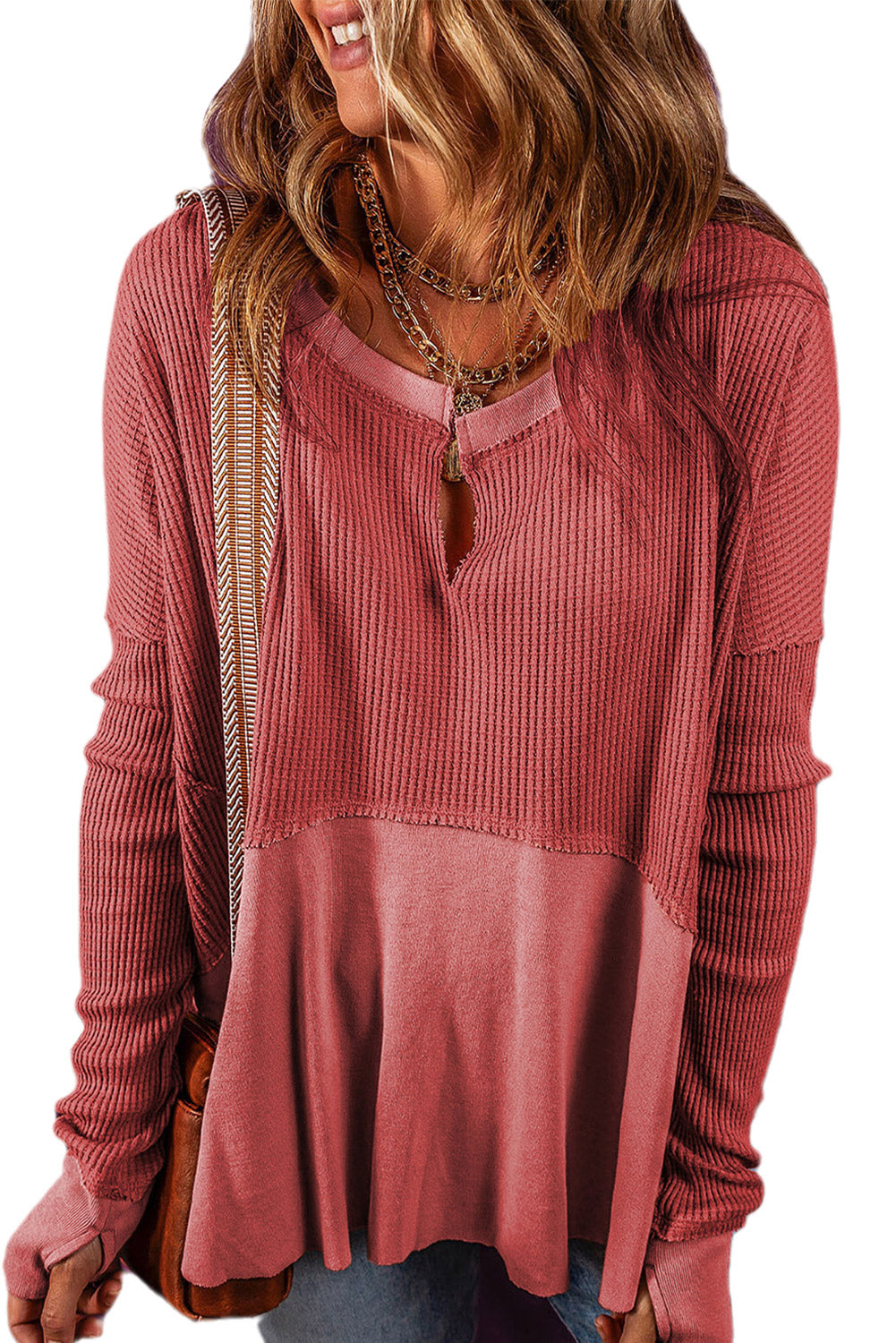 Mineral Red Exposed Seam Slit Neck Waffle Knit Patchwork Top Tops & Tees JT's Designer Fashion