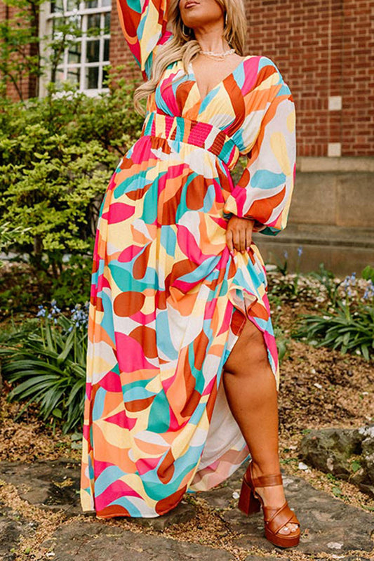 Multicolor Plus Size Abstract Printed V Neck Bishop Sleeve Maxi Dress Plus Size JT's Designer Fashion