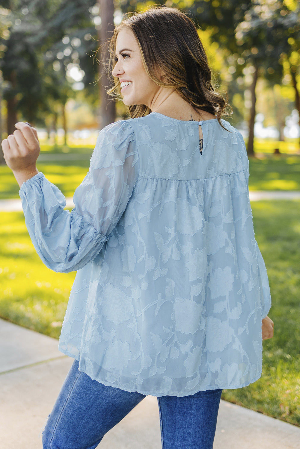 Blue Textured Ruffle Lantern Sleeve Babydoll Blouse Blouses & Shirts JT's Designer Fashion