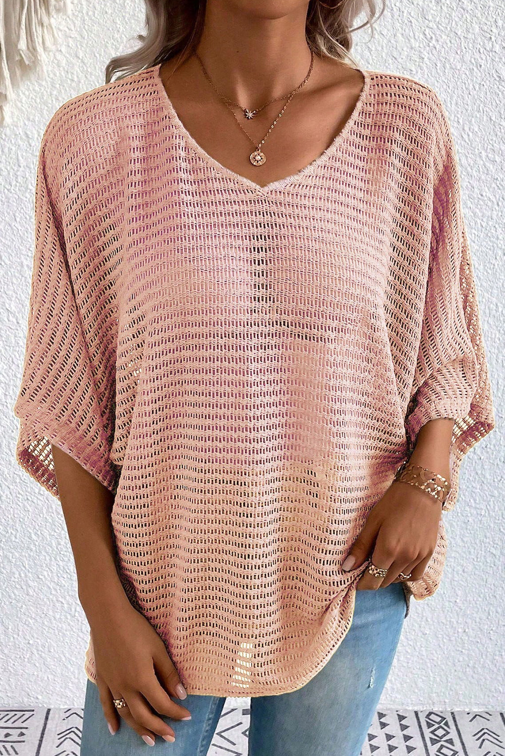 Dusty Pink Textured Batwing Sleeve V Neck Blouse Tops & Tees JT's Designer Fashion