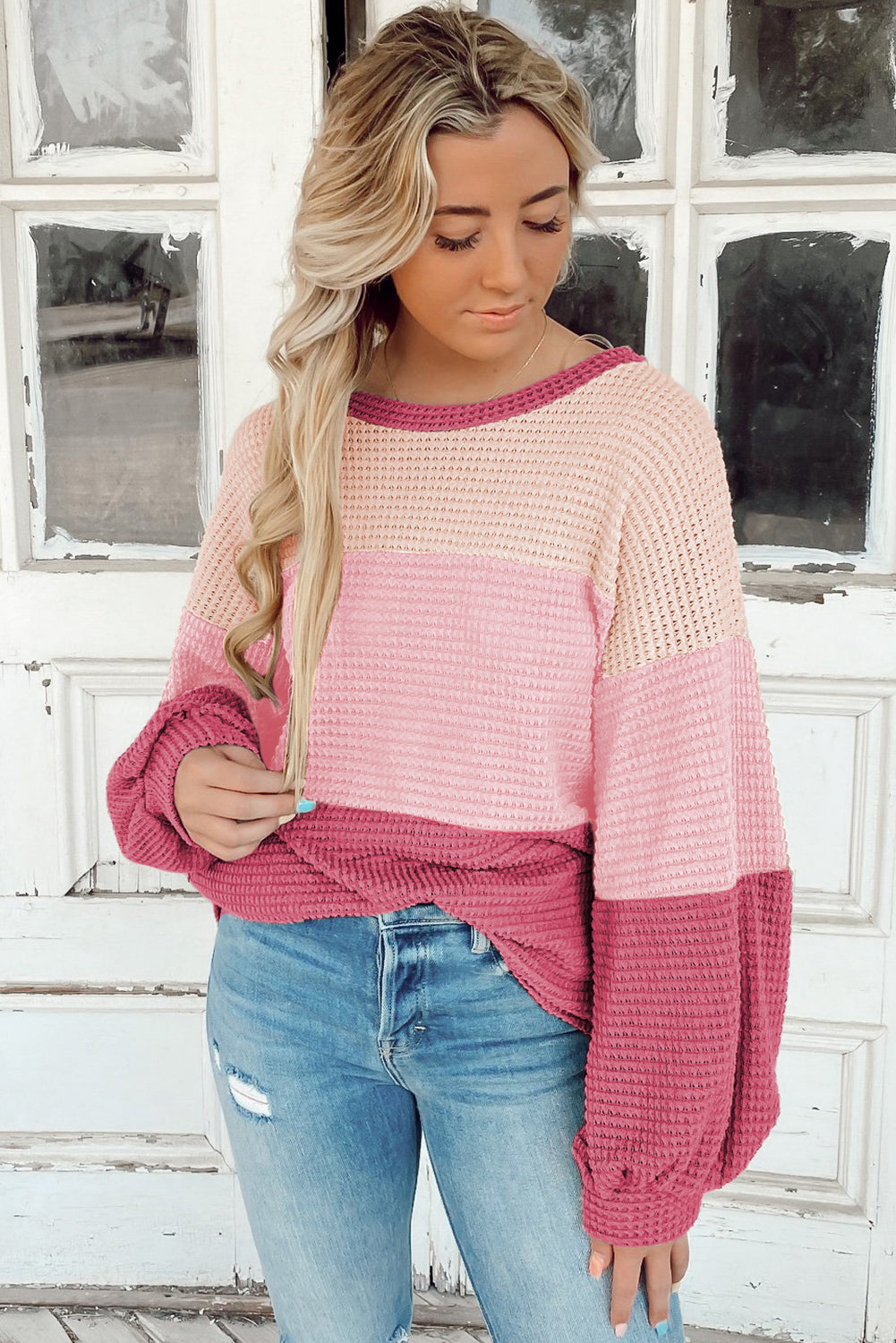 Pink Stripe Textured Color Block Puff Sleeve Baggy Top Tops & Tees JT's Designer Fashion