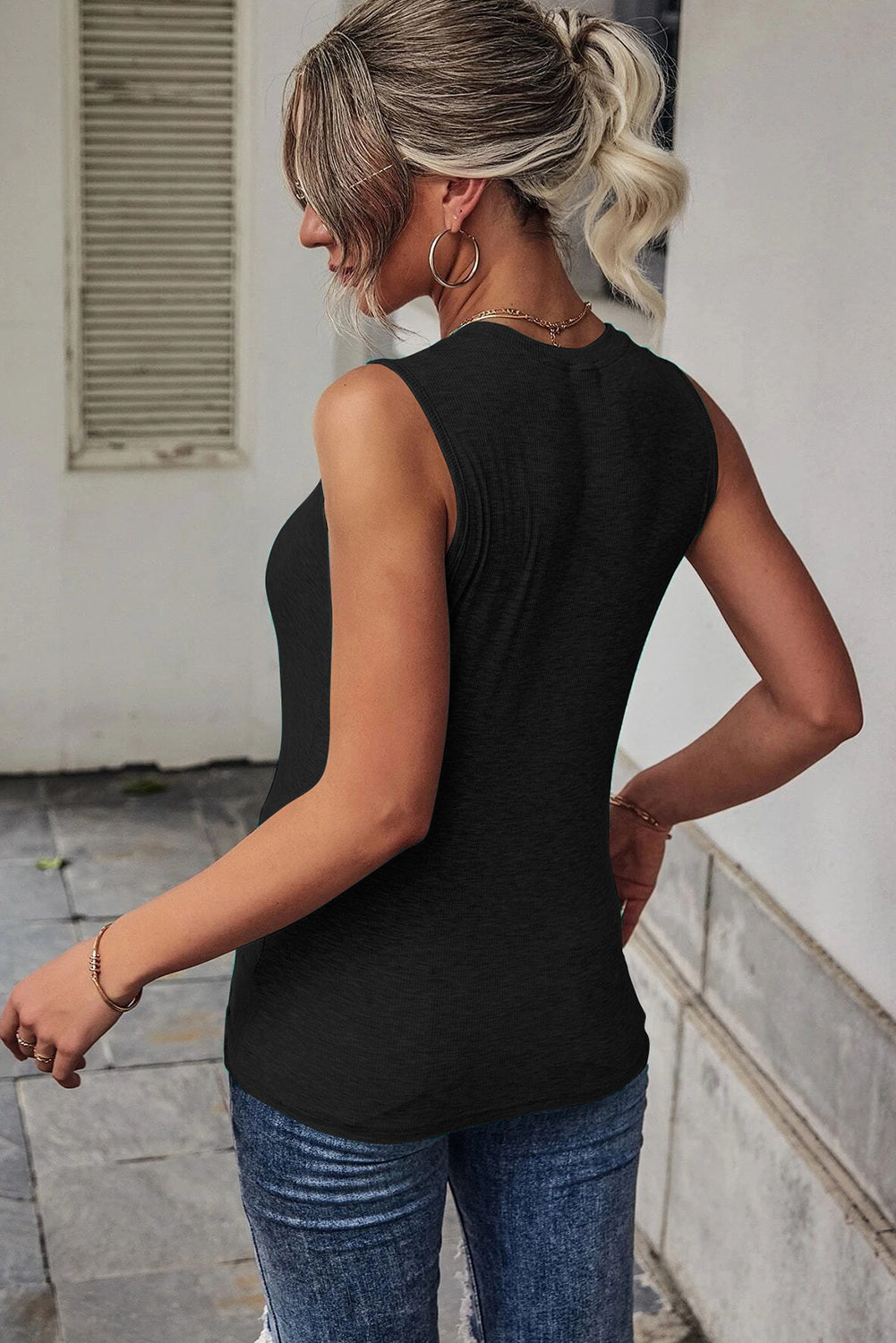 Black Rib Knit Cut-out Front Twist Tank Top Tank Tops JT's Designer Fashion