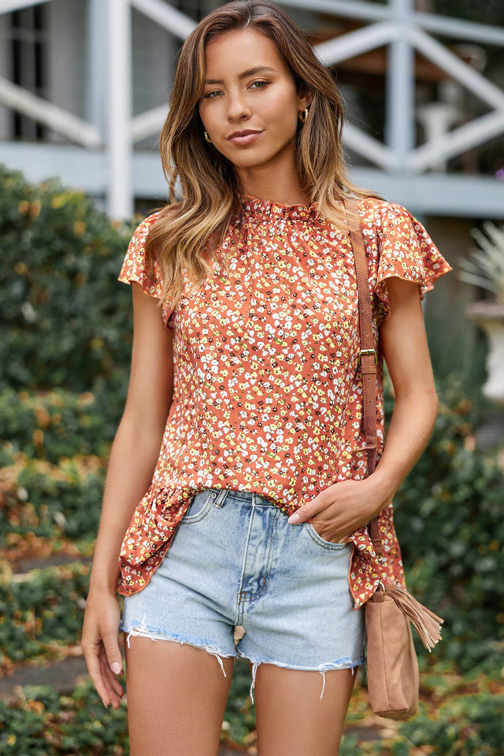 Orange Frilled Neck Flutter Floral Blouse Blouses & Shirts JT's Designer Fashion