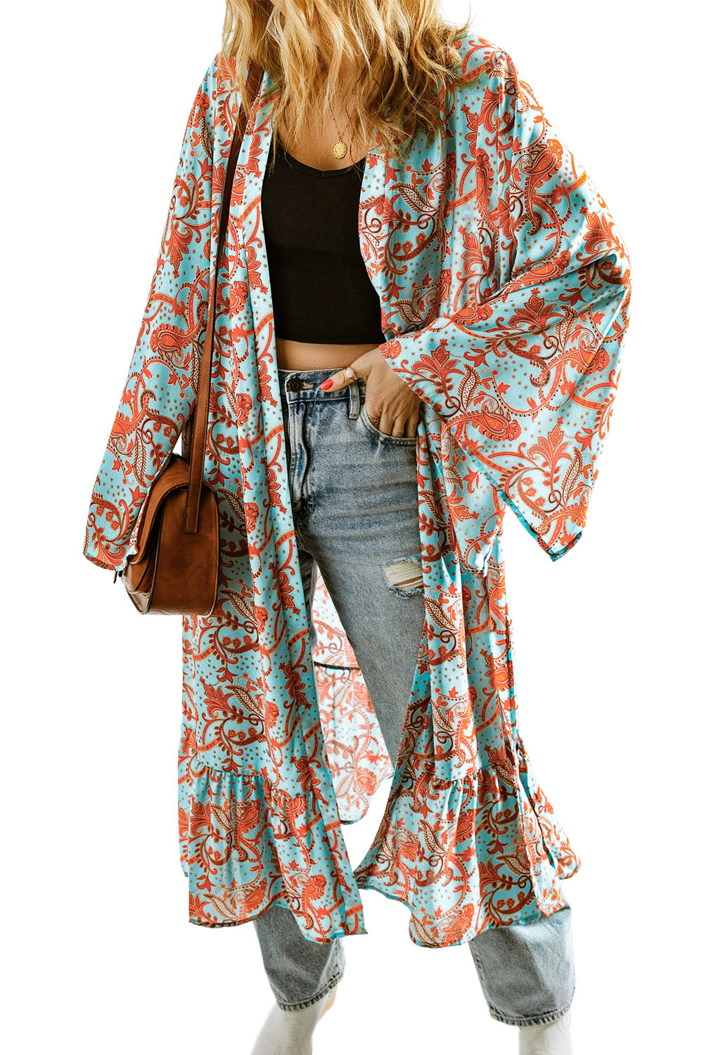 Sky Blue Boho Retro Floral Print Long Sleeve Oversized Kimono Kimonos JT's Designer Fashion