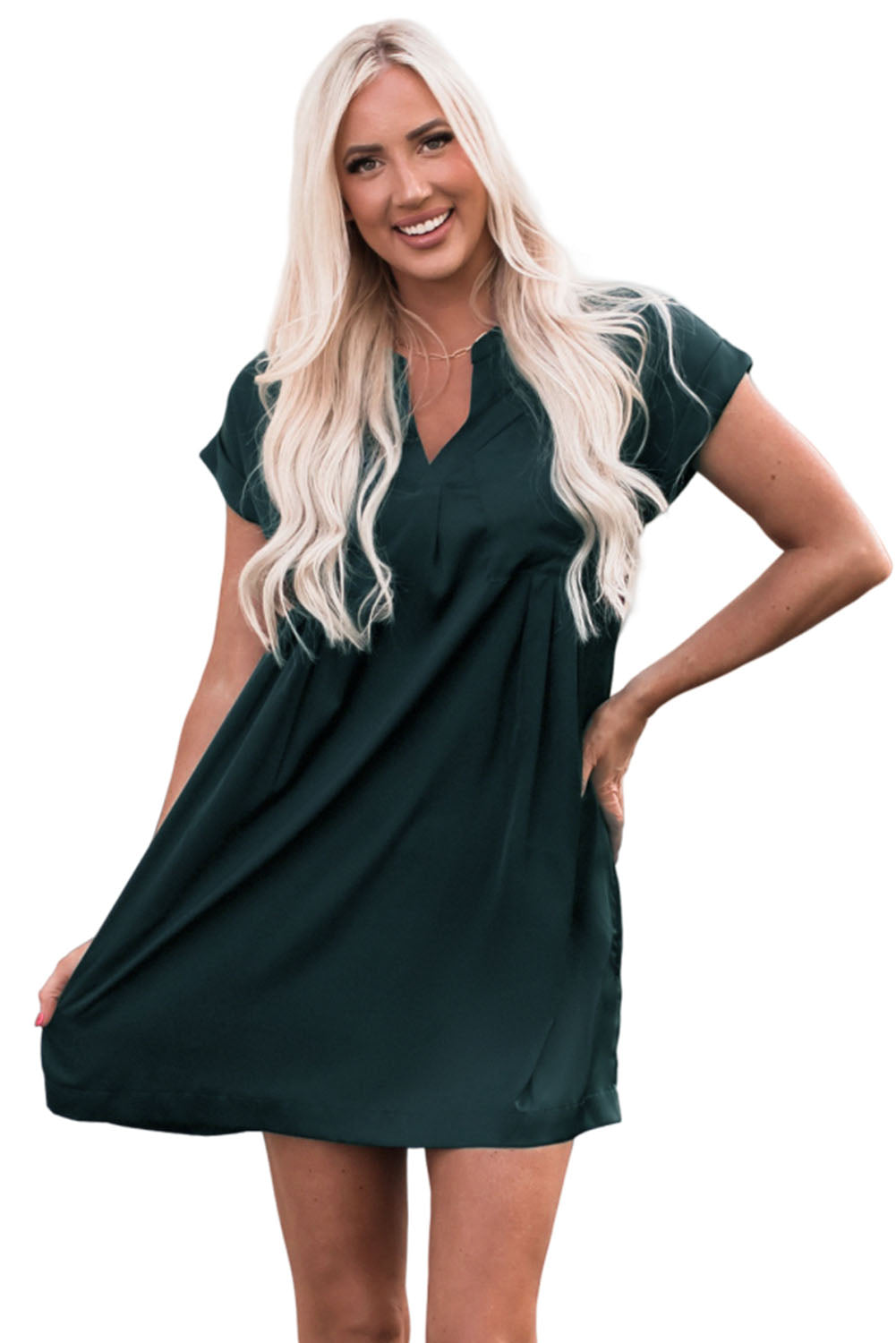 Green Notched Neckline Cuffed Short Sleeve Shift Dress Mini Dresses JT's Designer Fashion