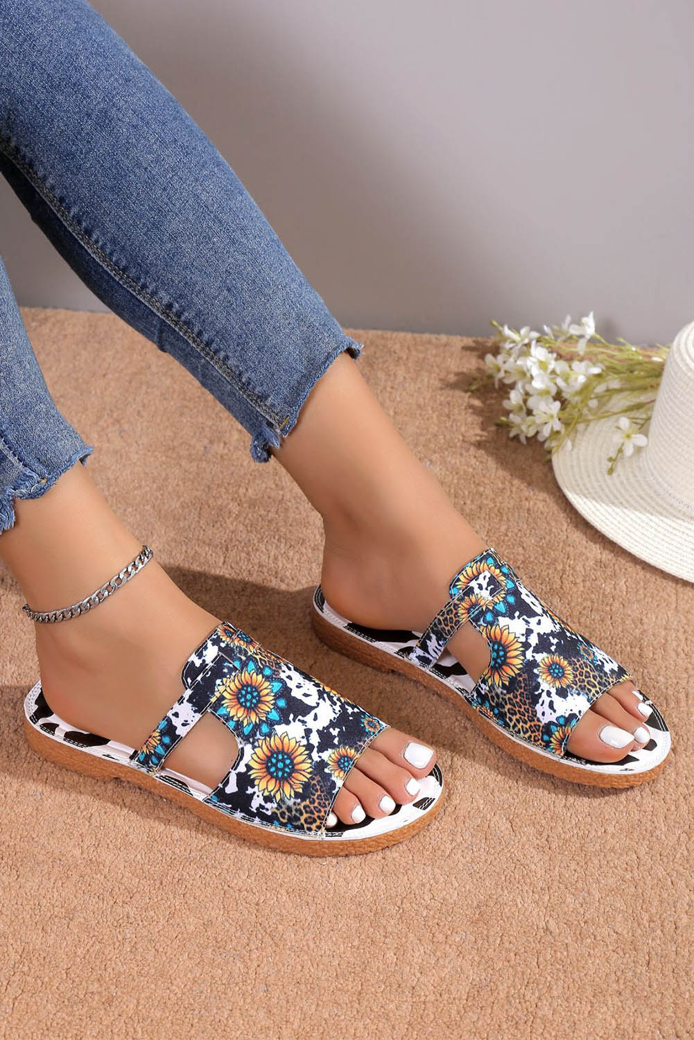 Multicolor Western Sunflower Animal Print Flat Slippers Slippers JT's Designer Fashion