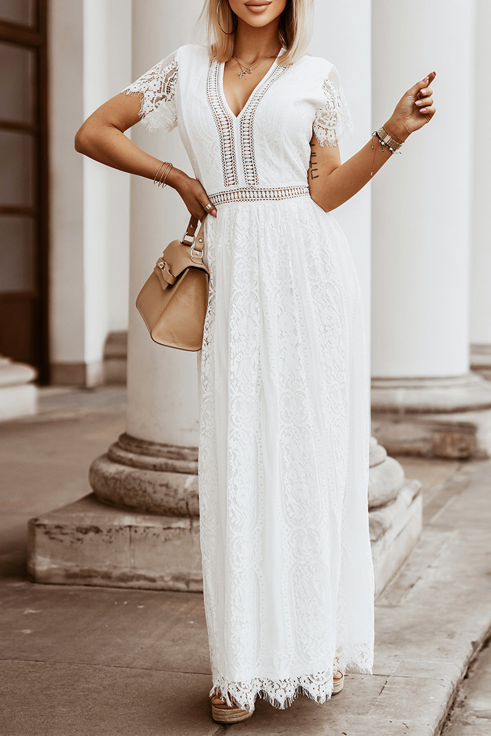 White Blue Fill Your Heart Lace Maxi Dress White 95%Polyester+5%Spandex Maxi Dresses JT's Designer Fashion