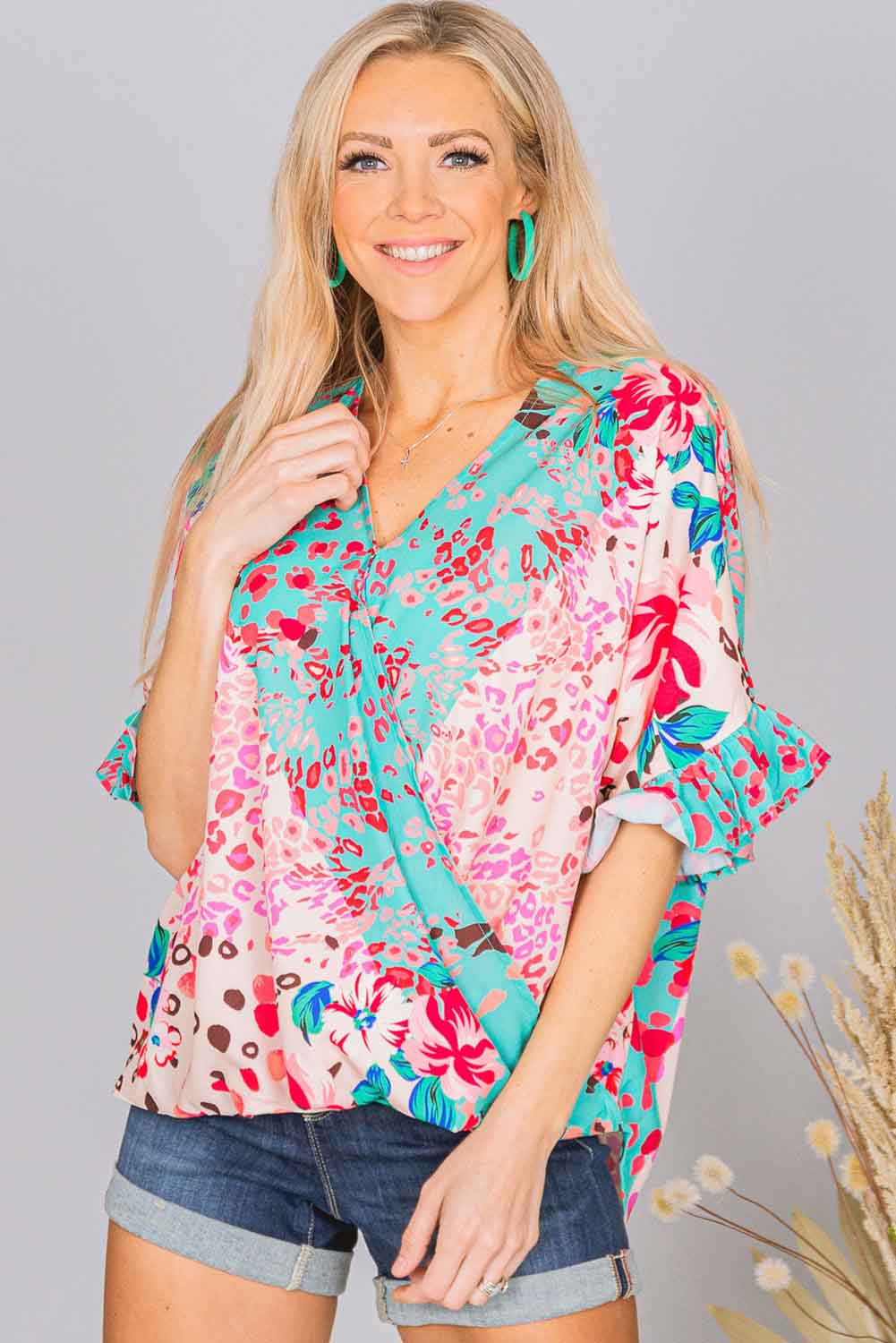 Multicolor Leopard Floral Mixed Print Ruffle Sleeve Surplice Blouse Tops & Tees JT's Designer Fashion