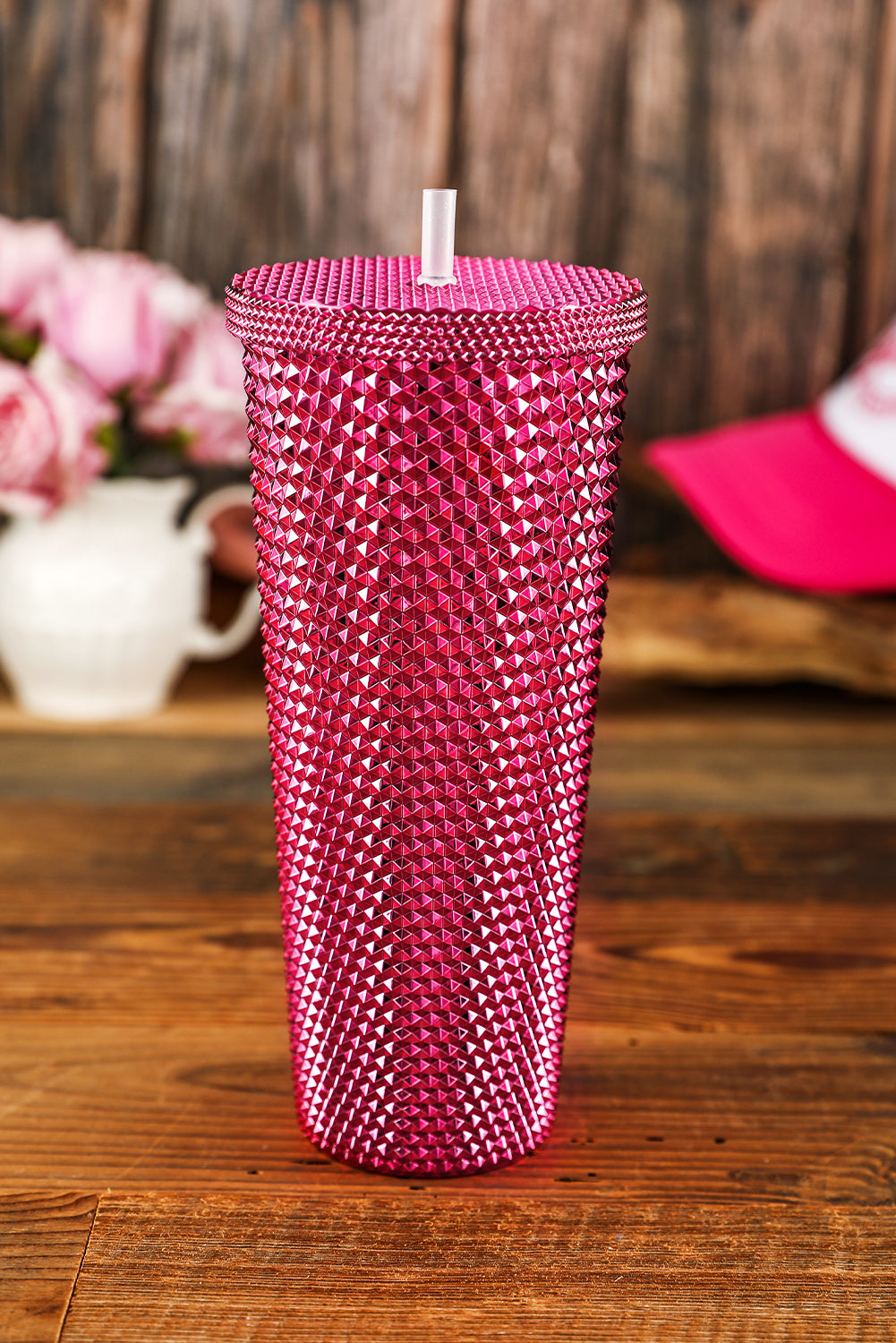 Rose Red Letter B Studded Tumbler with Straw Tumblers JT's Designer Fashion