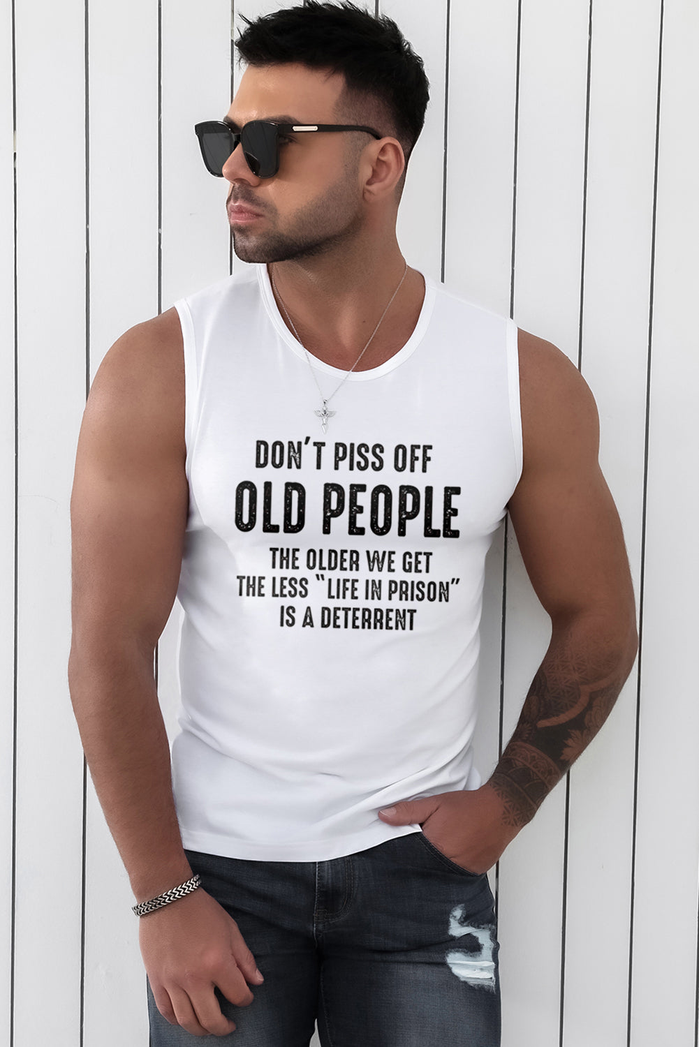 White OLD PEOPLE Letter Print Muscle Fit Men's Tank Top Men's Tops JT's Designer Fashion