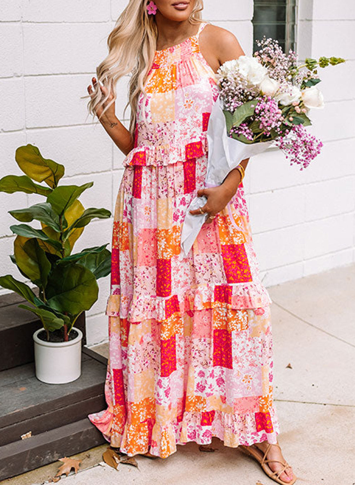 Multicolor Boho Geometric Floral Print Sleeveless Maxi Dress Maxi Dresses JT's Designer Fashion