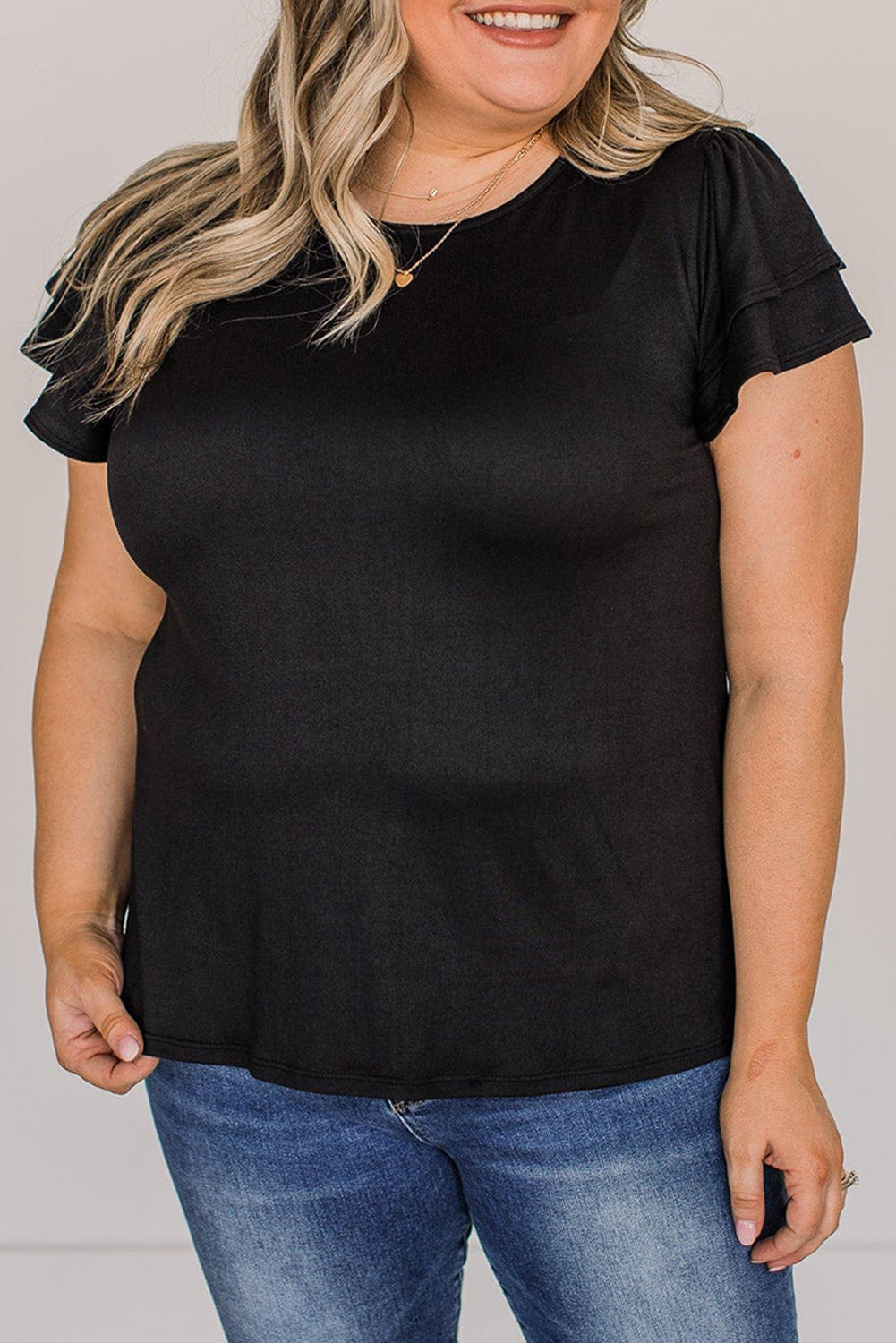 Black Plus Size Solid Color Ruffled Short Sleeve Top Plus Size Tops JT's Designer Fashion