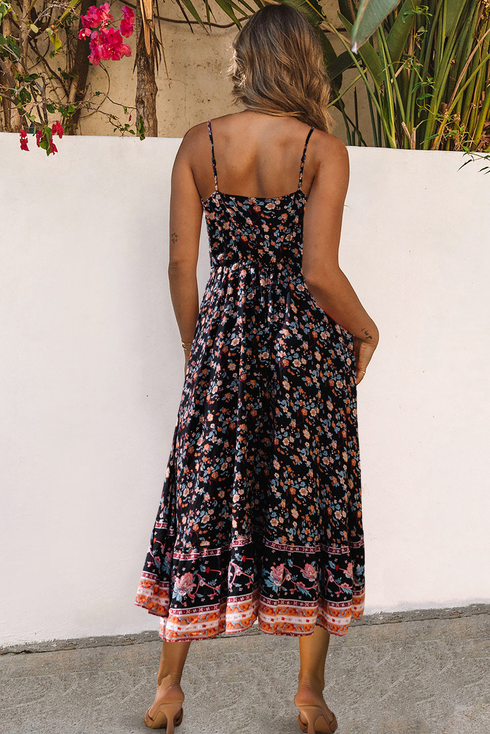 Multicolor Lace-up Front High Waist Floral Maxi Dress Floral Dresses JT's Designer Fashion