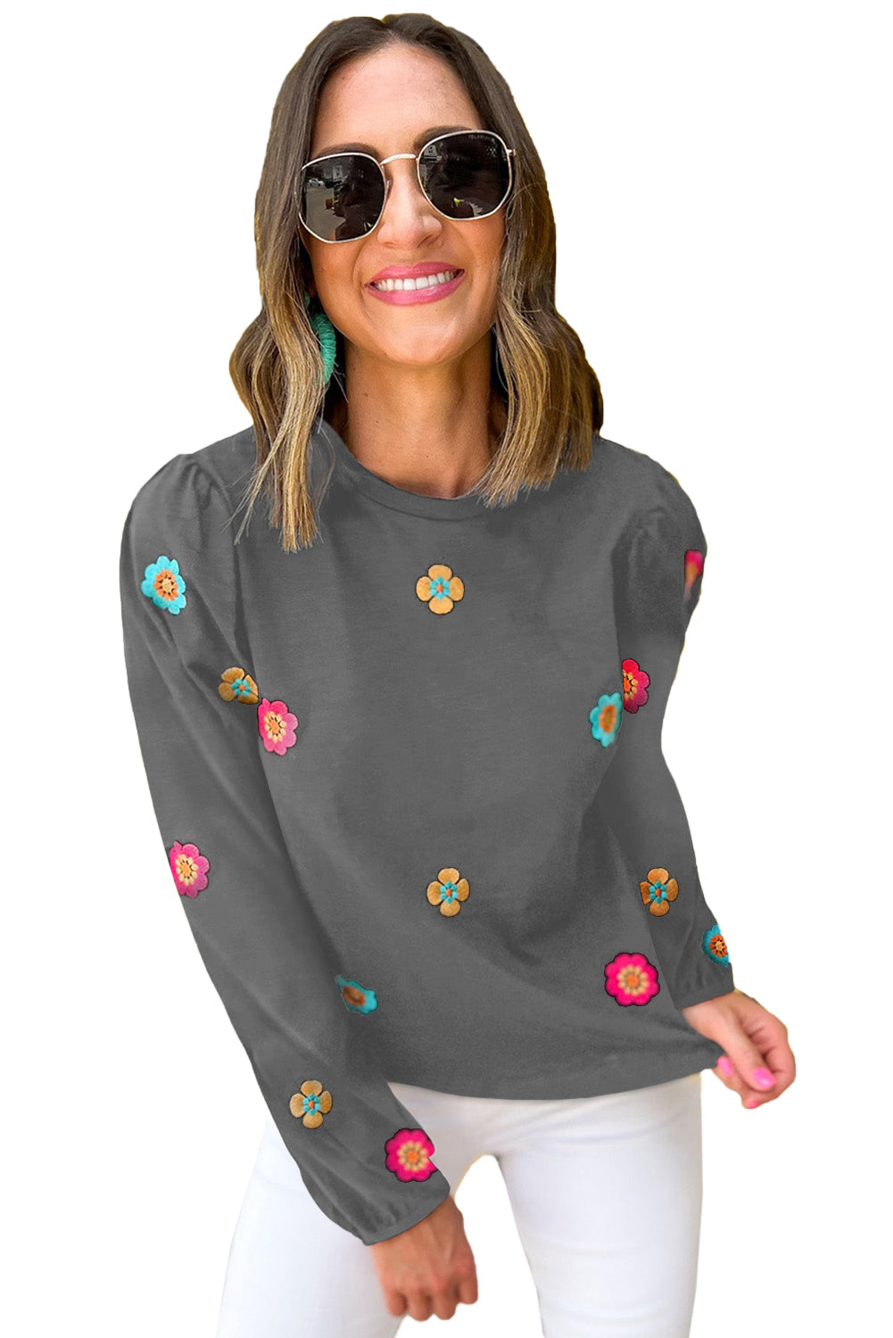 Medium Grey Floral Embroidered Puff Sleeve Blouse Tops & Tees JT's Designer Fashion