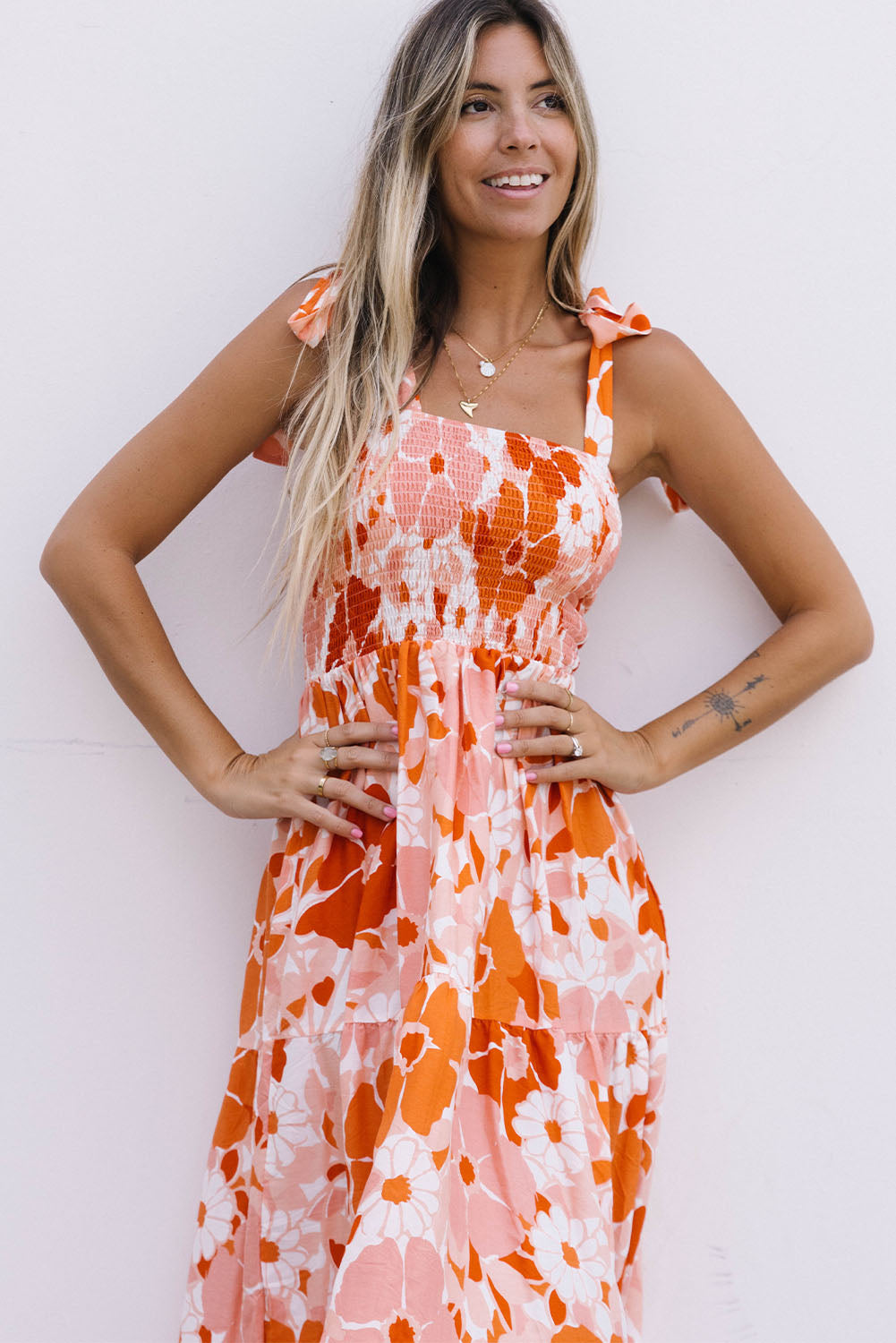 Orange Shirred Lace-up Strap Sleeveless Floral Maxi Dress Maxi Dresses JT's Designer Fashion