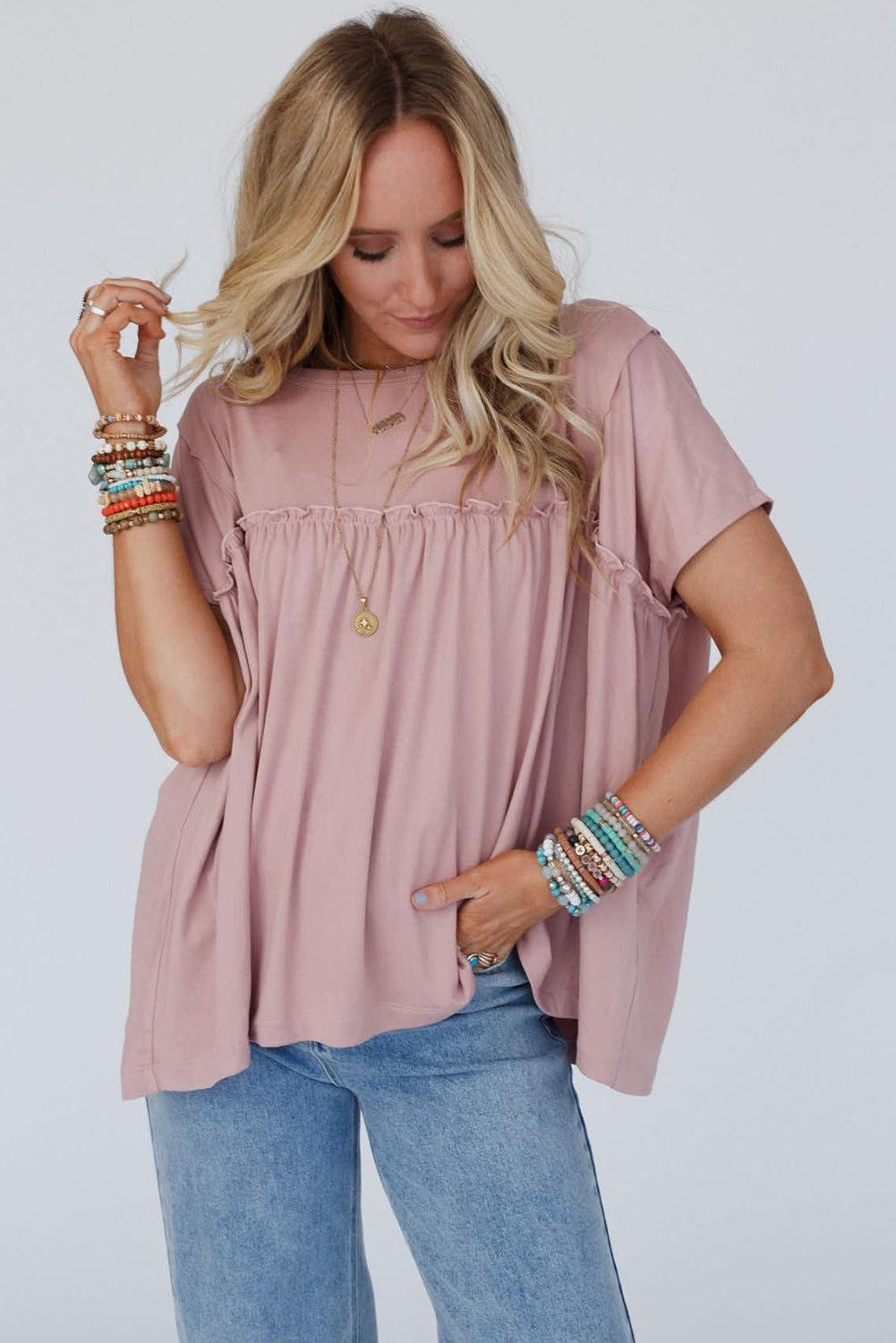 Light Pink Solid Color Ruffled Trim Loose Babydoll Blouse Tops & Tees JT's Designer Fashion