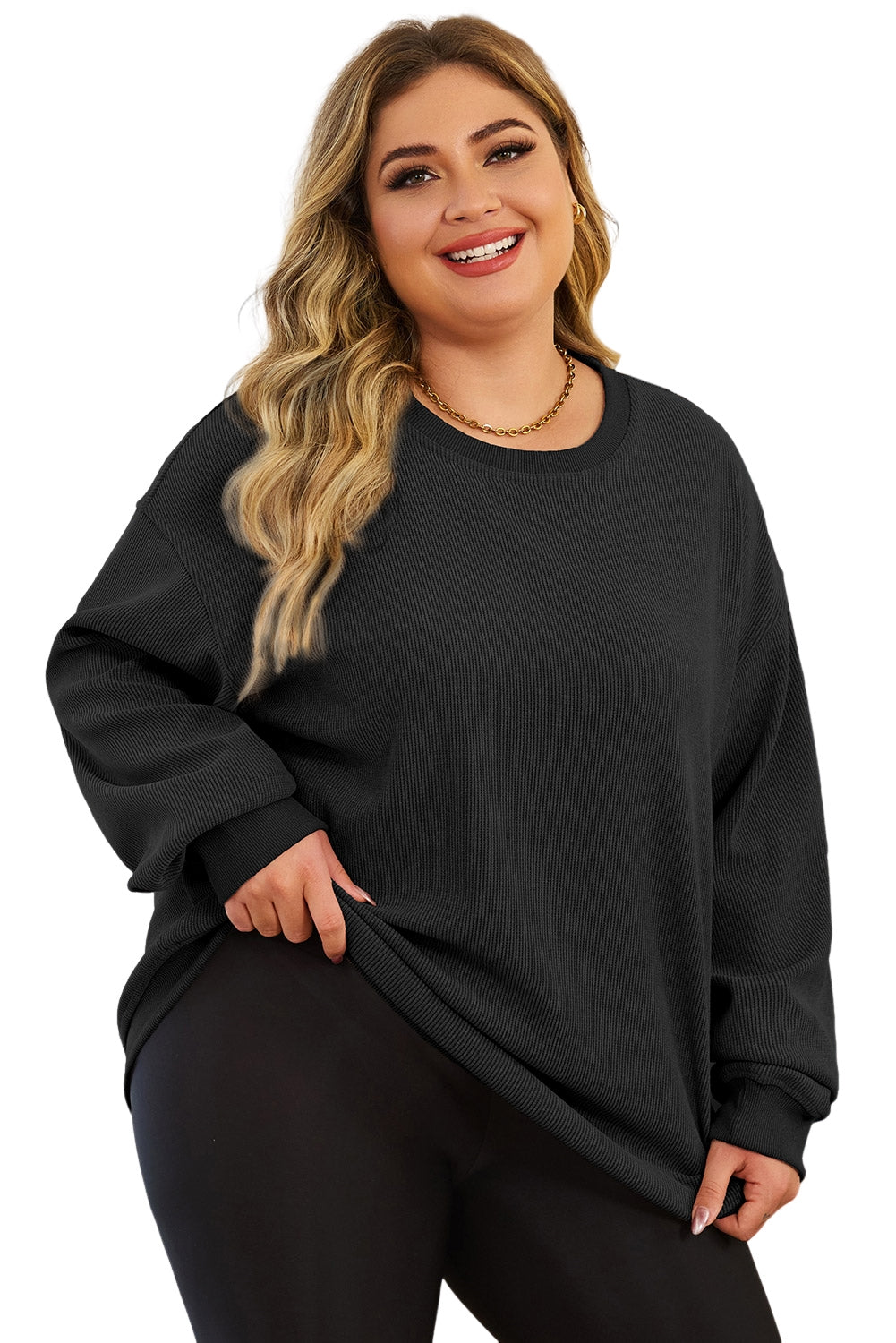 Black Plus Size Corded Round Neck Sweatshirt Plus Size JT's Designer Fashion