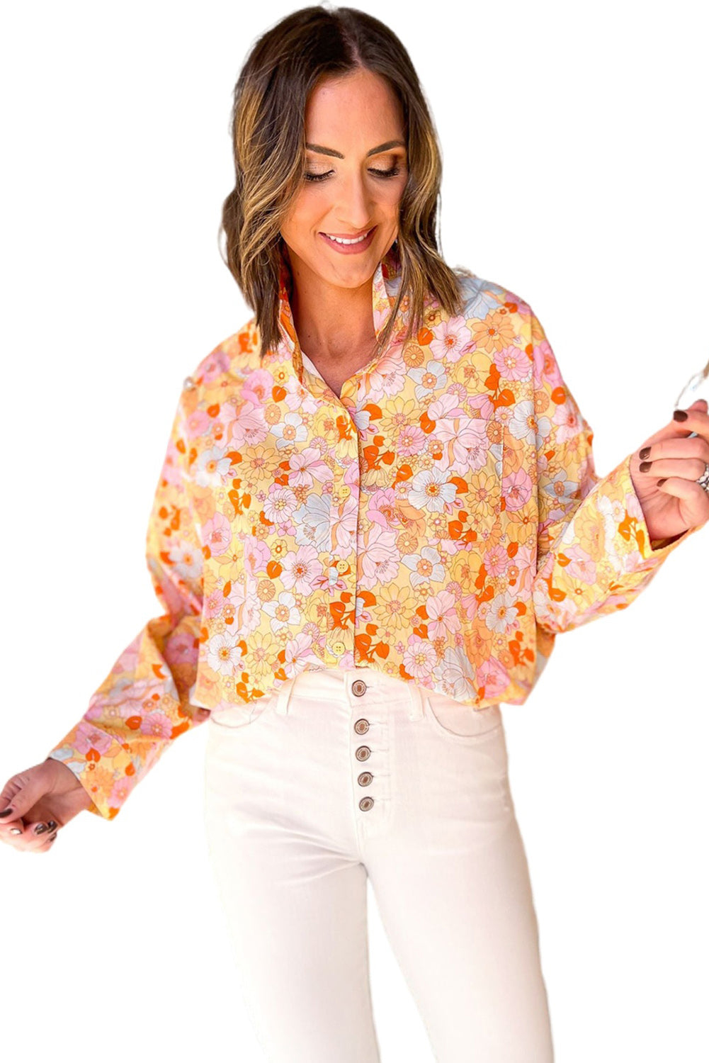 Yellow Floral Print Button-up Turn Down Collar Oversized Shirt Tops & Tees JT's Designer Fashion