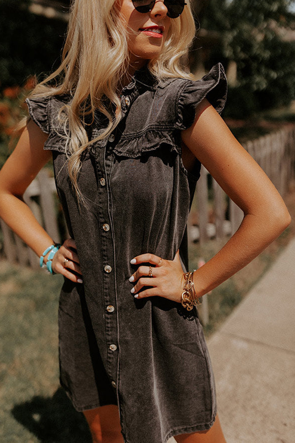 Black Ruffled Cap Sleeves Button Up Denim Dress Mini Dresses JT's Designer Fashion