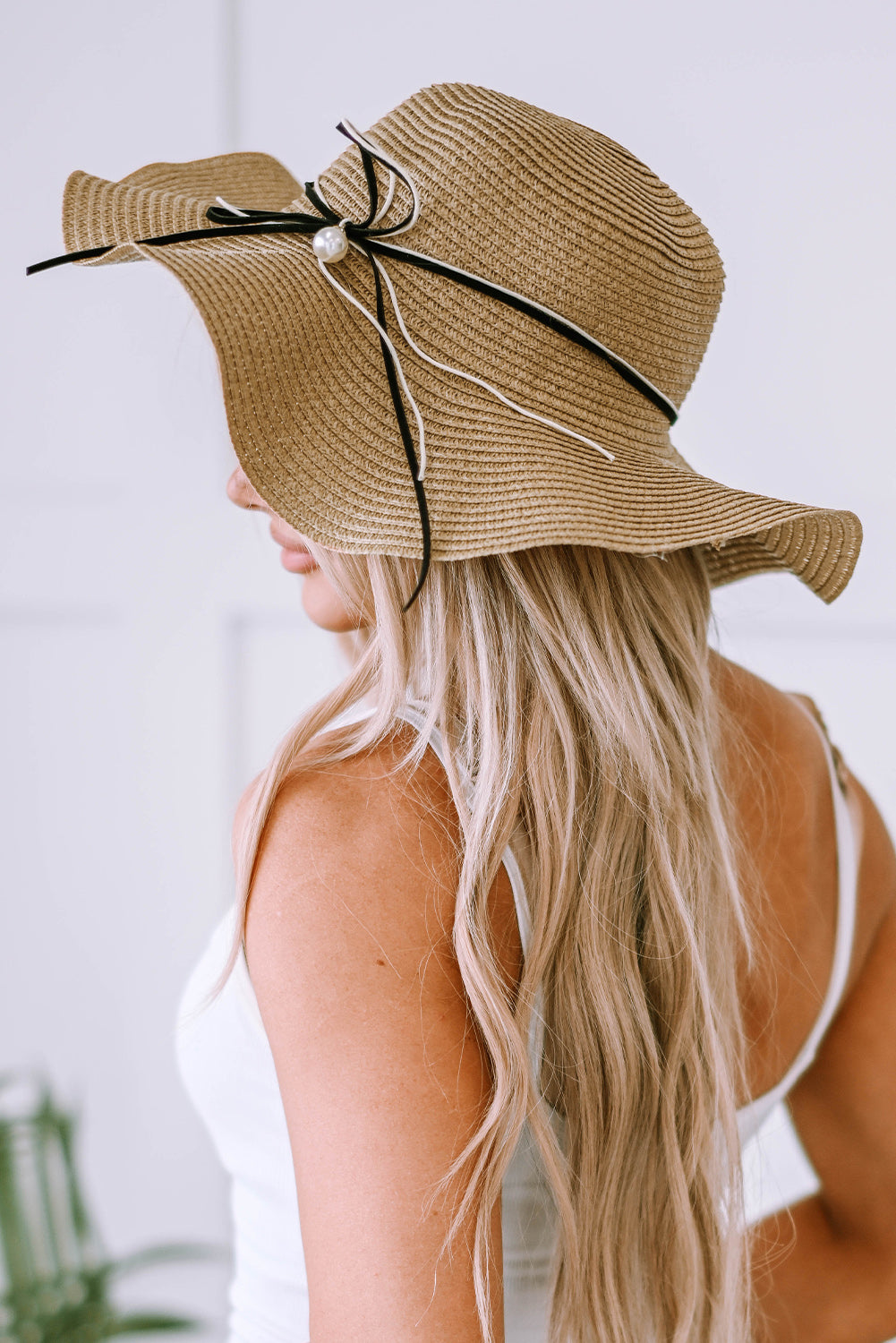 Khaki Bowknot Sun Visor Wide Brim Rolled Up Straw Hat Hats & Caps JT's Designer Fashion