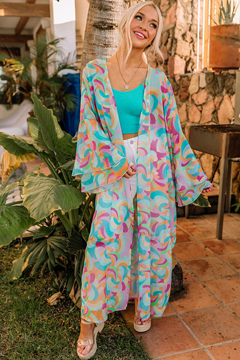 Multicolor Printed Double Layered Bell Sleeve Long Flowy Cardigan Kimonos JT's Designer Fashion