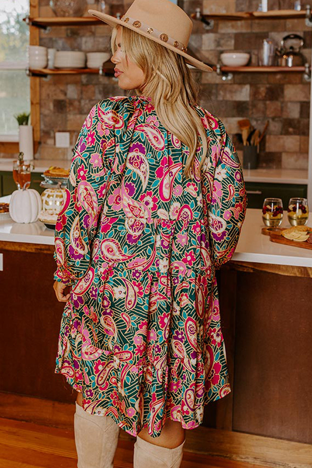 Green Paisley Floral Print Ruffled Hem Plus Size Mini Dress Plus Size JT's Designer Fashion