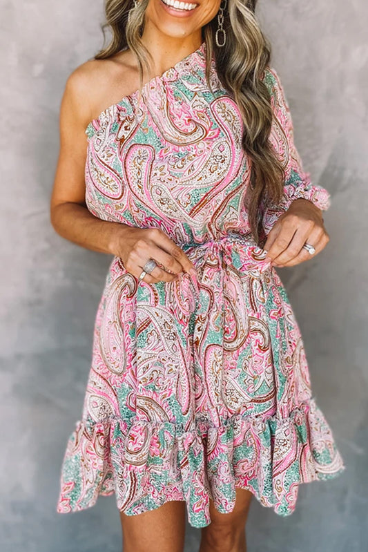 Pink Paisley Print One Shoulder Lace-up High Waist Mini Dress Mini Dresses JT's Designer Fashion