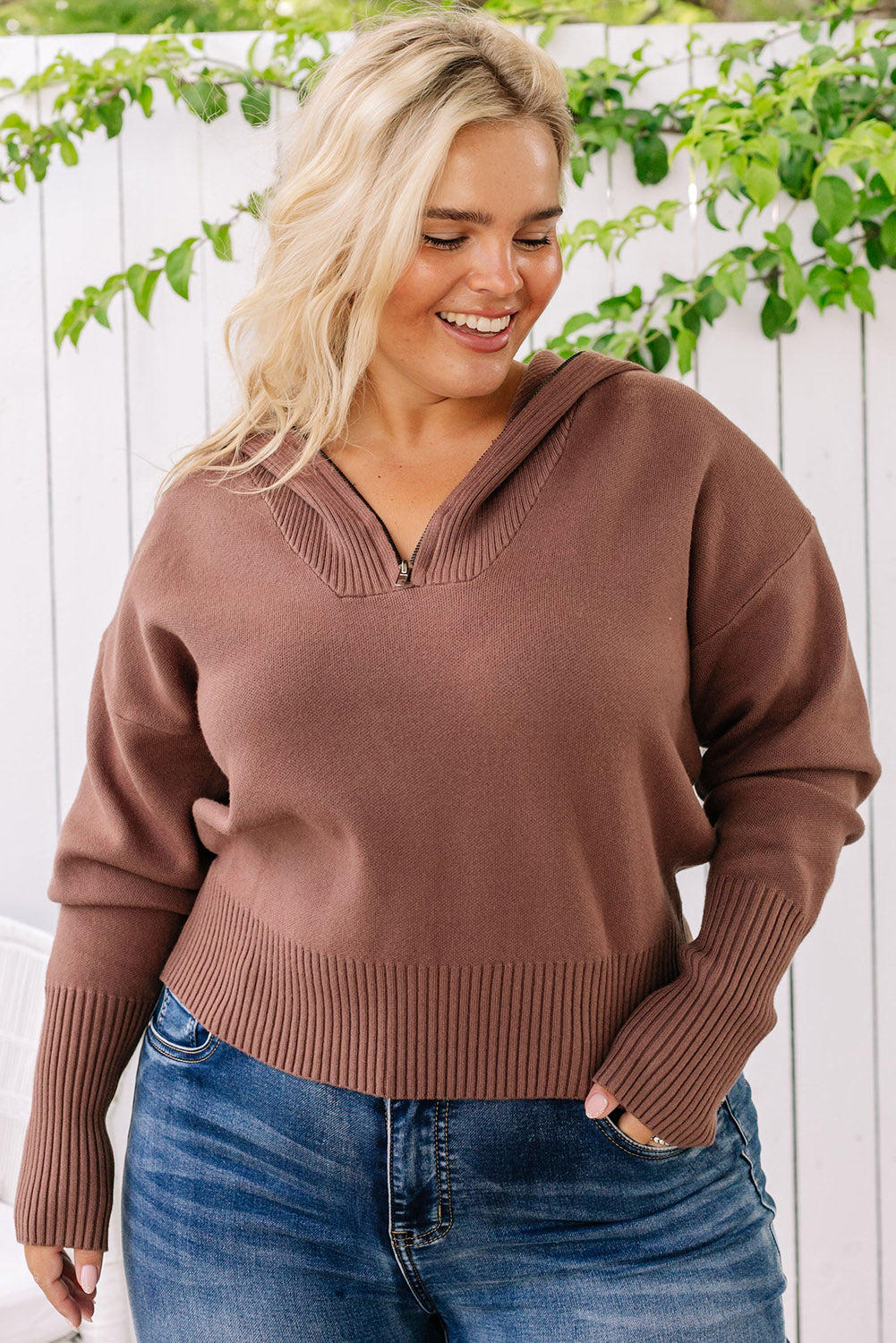 Brown Solid Ribbed Trim Plus Size Zip Collar Sweater Plus Size JT's Designer Fashion