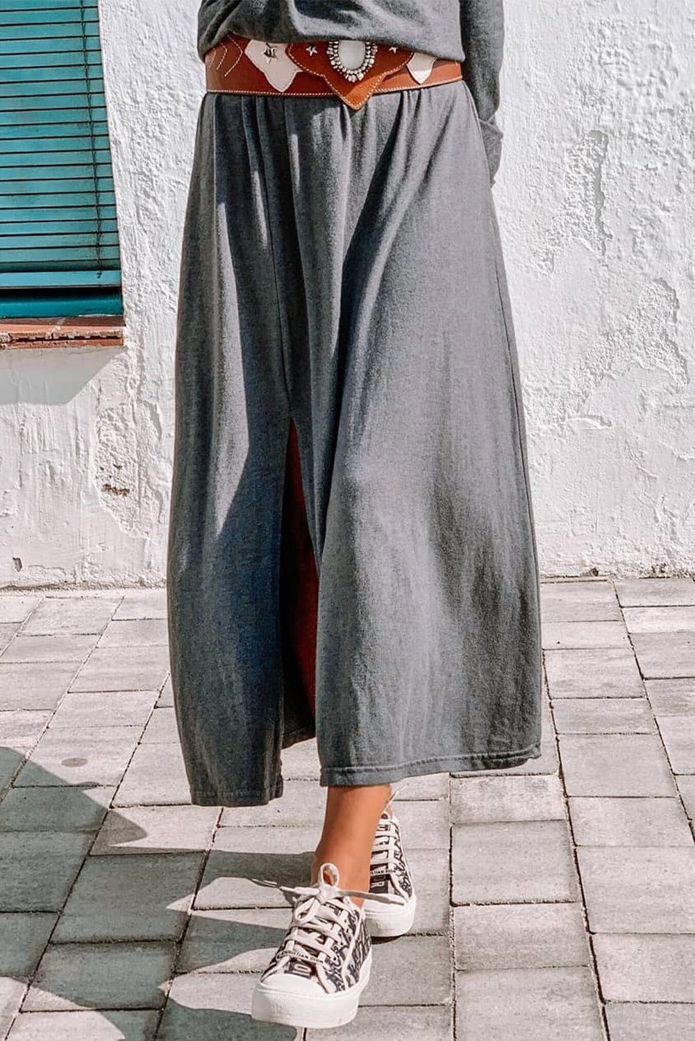 Gray Shirred Off Shoulder Maxi Dress with Split Maxi Dresses JT's Designer Fashion