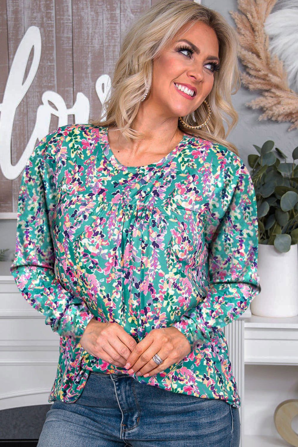 Green Floral Pleated Round Neck Long Sleeve Blouse Tops & Tees JT's Designer Fashion