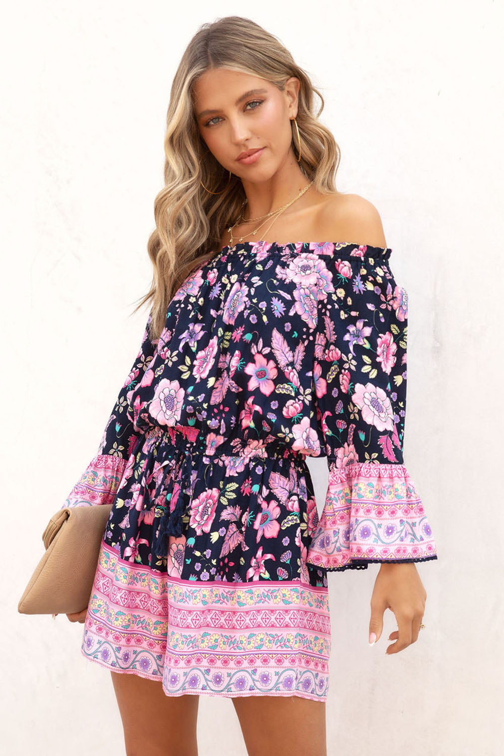 Blue Floral Patchwork High Waist Off Shoulder Romper Jumpsuits & Rompers JT's Designer Fashion