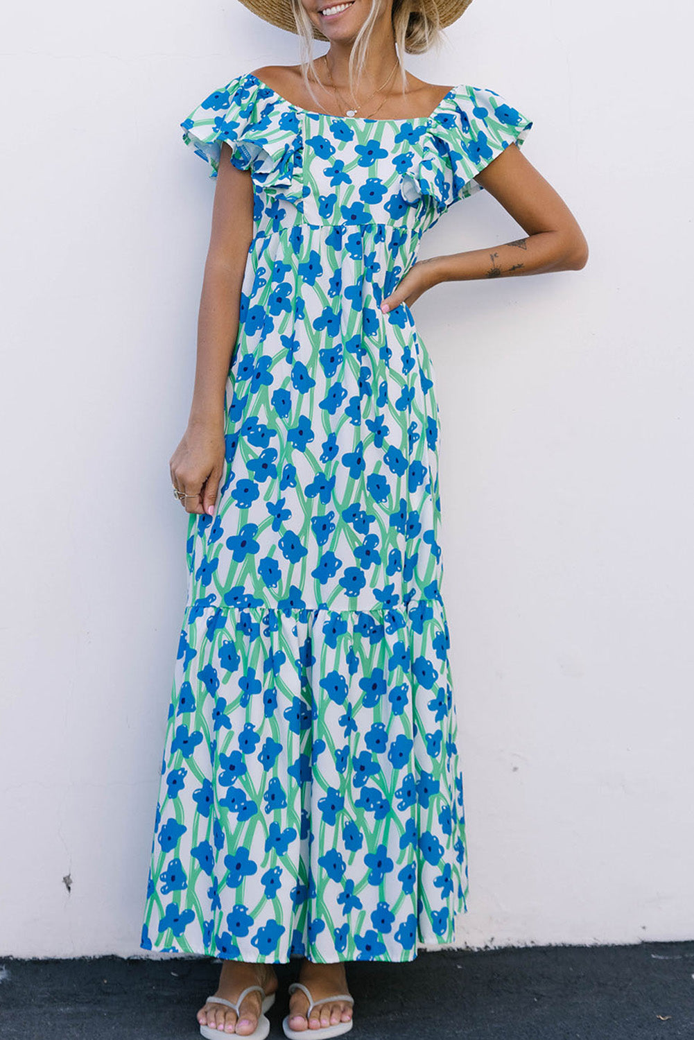 Sky Blue Boho Floral Print Maxi Dress Maxi Dresses JT's Designer Fashion