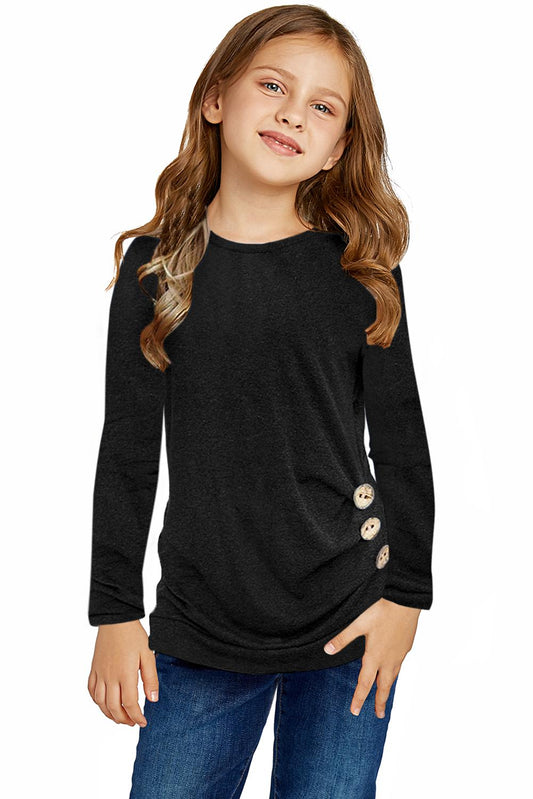Black Little Girls Long Sleeve Buttoned Side Top Girls Tops JT's Designer Fashion