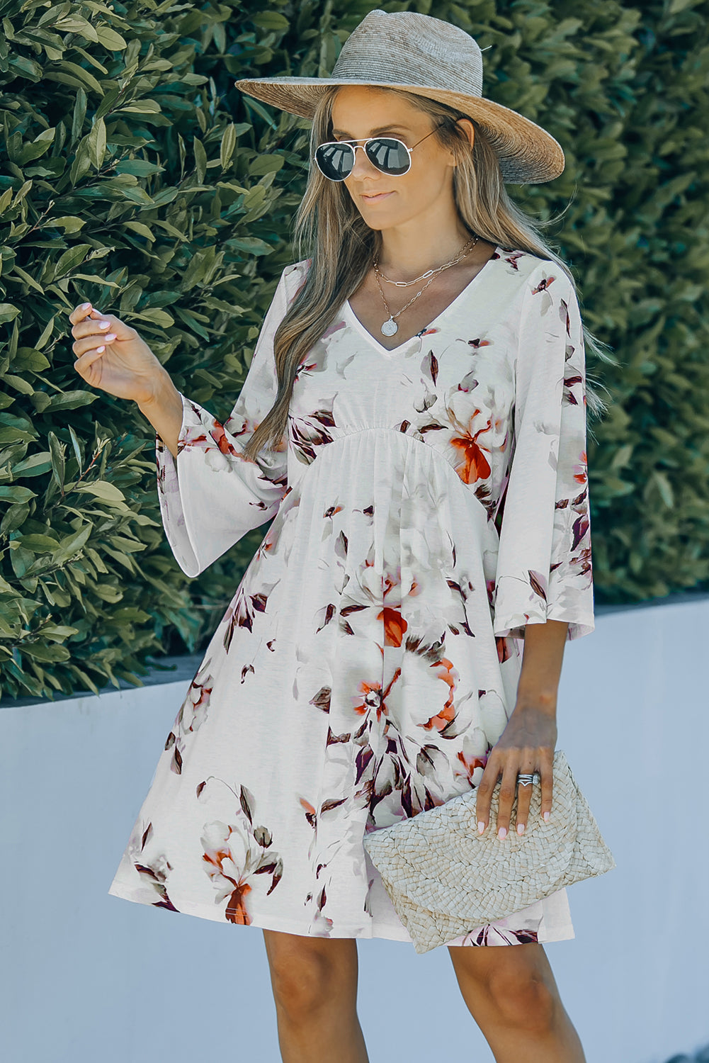 White V Neck 3/4 Sleeve Floral Dress Floral Dresses JT's Designer Fashion