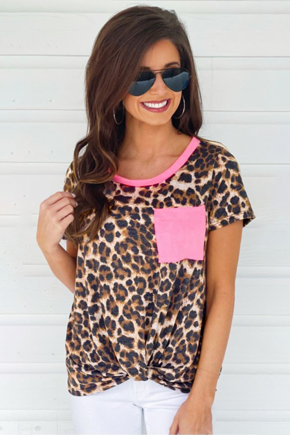 Neon Pink Leopard T-shirt with Pocket Tops & Tees JT's Designer Fashion