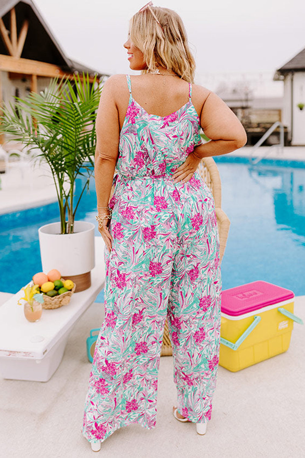 Rose Tropical Floral Spaghetti Straps Belted Plus Size Jumpsuit Plus Size JT's Designer Fashion