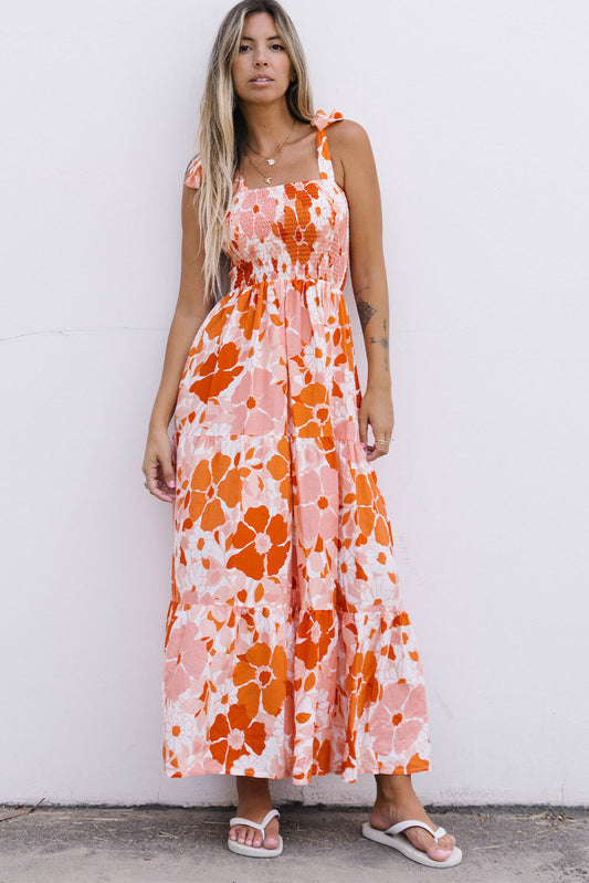 Orange Shirred Lace-up Strap Sleeveless Floral Maxi Dress Orange 100%Rayon Maxi Dresses JT's Designer Fashion