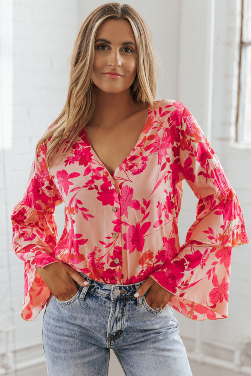 Pink Floral Double Bell Long Sleeve Buttoned Bodysuit Tops & Tees JT's Designer Fashion