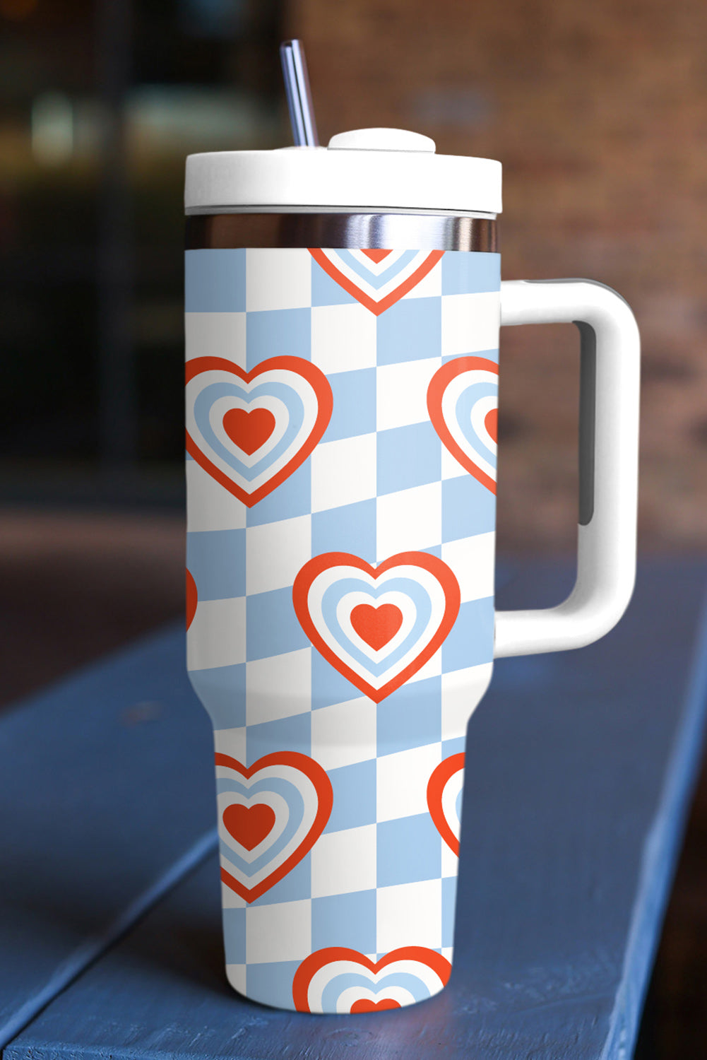 Mist Blue Heart Print Checkered Stainless Thermos Cup Tumblers JT's Designer Fashion