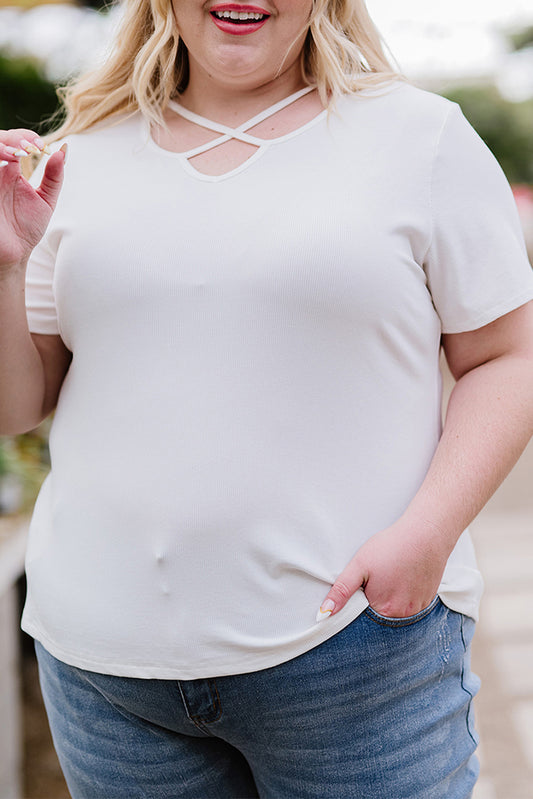 White White White Plus Size Crisscross Ribbed Knit T-shirt Plus Size Tops JT's Designer Fashion