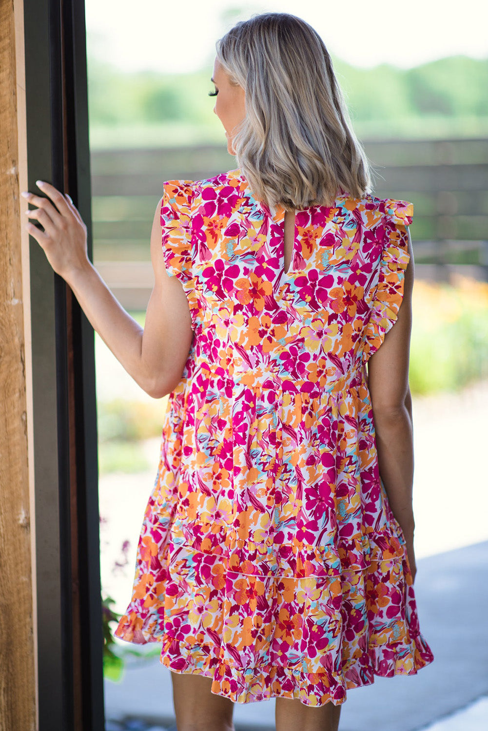 Red Ruffle Trim Tiered Sleeveless Floral Mini Dress Floral Dresses JT's Designer Fashion