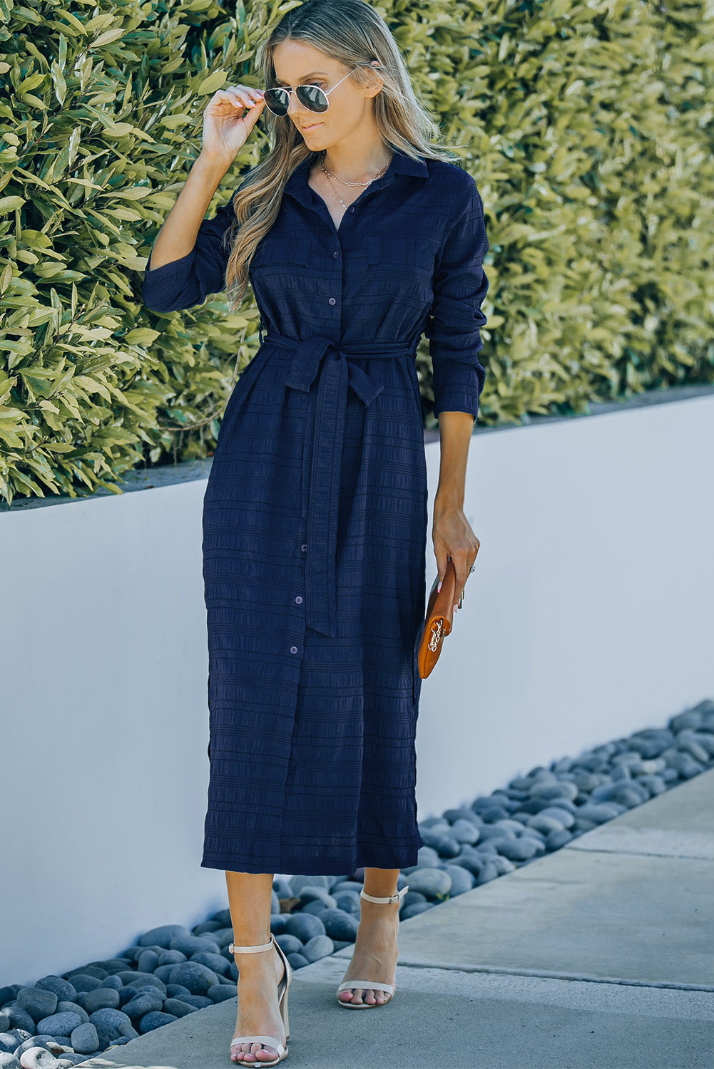 Blue Crinkle Textured Long Sleeve Shirt Dress with Belt T Shirt Dresses JT's Designer Fashion