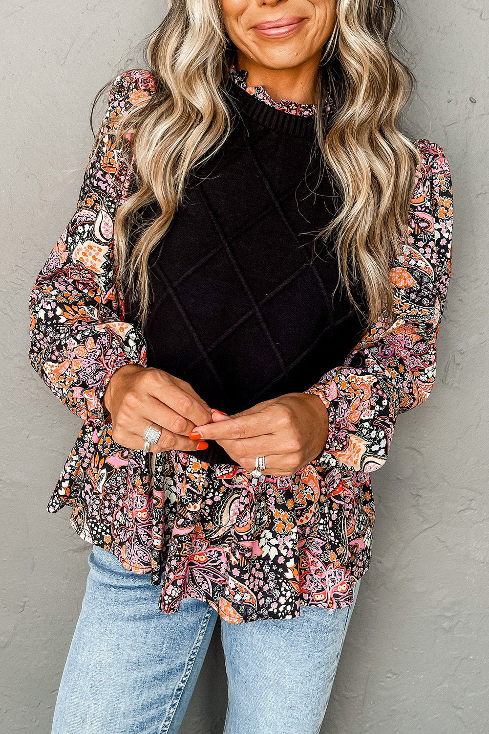 Black Cable Knit Contrast Floral Sleeve Peplum Sweater Pre Order Sweaters & Cardigans JT's Designer Fashion