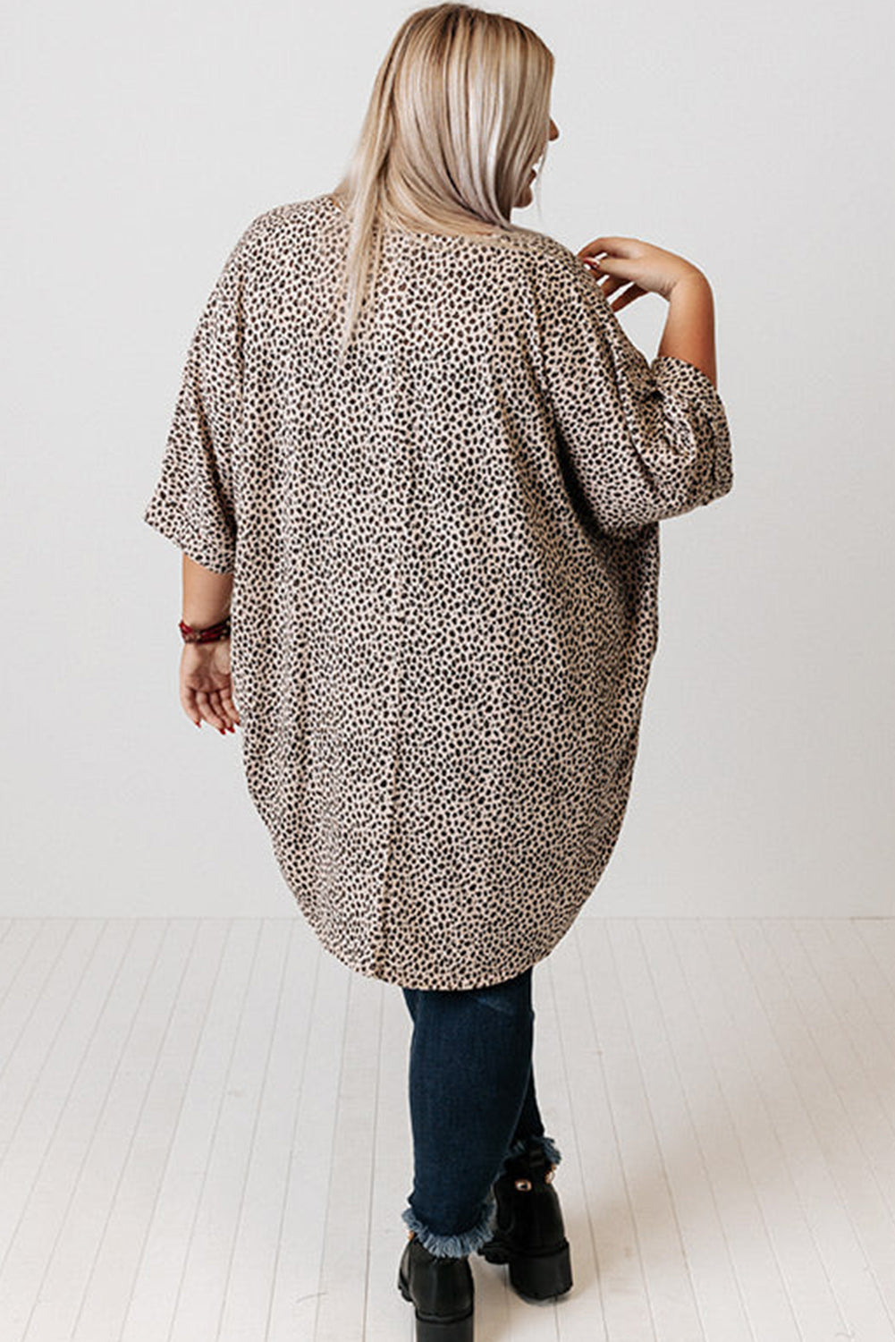 Khaki Plus Size Leopard Round Hem Short Sleeve Open Cardigan Plus Size JT's Designer Fashion