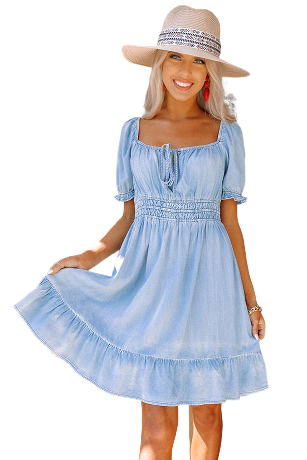 Sky Blue Square Neck Front Tie Ruffled Hem Chambray Dress Mini Dresses JT's Designer Fashion