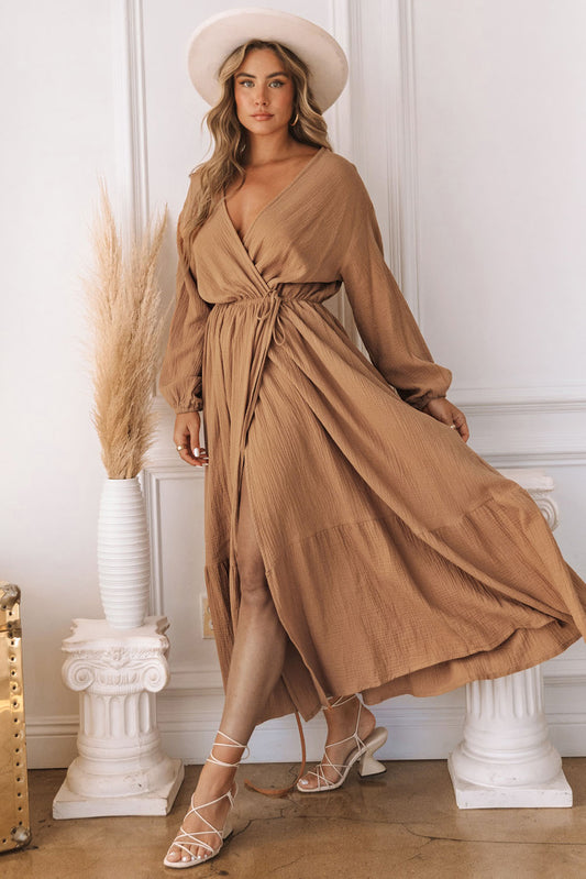 Brown V Neck Wrap Long Sleeve Dress Brown 65%Cotton+35%Linen Maxi Dresses JT's Designer Fashion